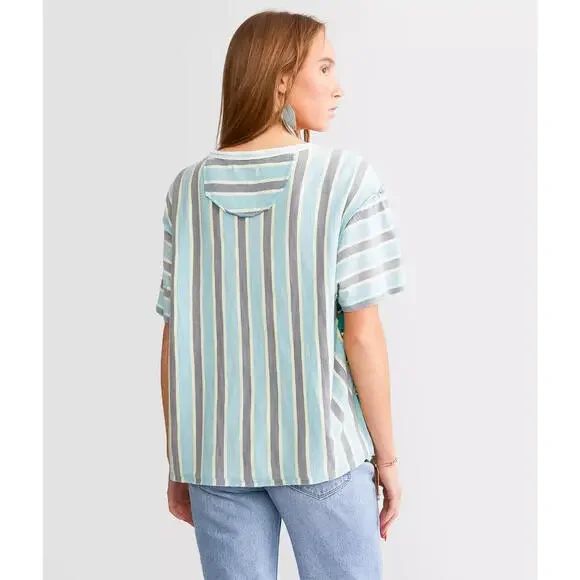 Free People We The Free Get Real Tee Striped Printed Oversized Crew Neck Top S - Picture 4 of 5